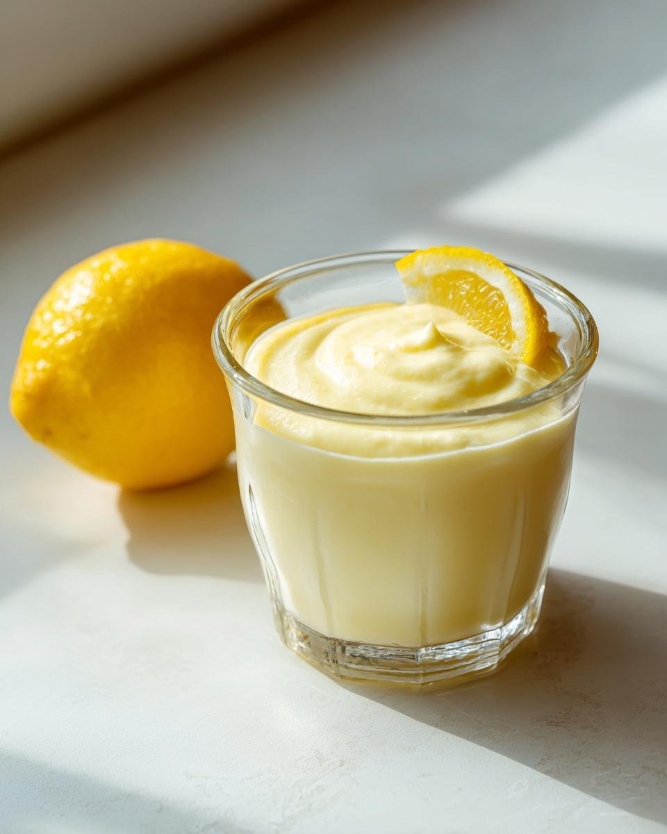 Ein Glas cremiges Zitronen-Posset, garniert mit einer Zitronenspalte, daneben eine ganze Zitrone.