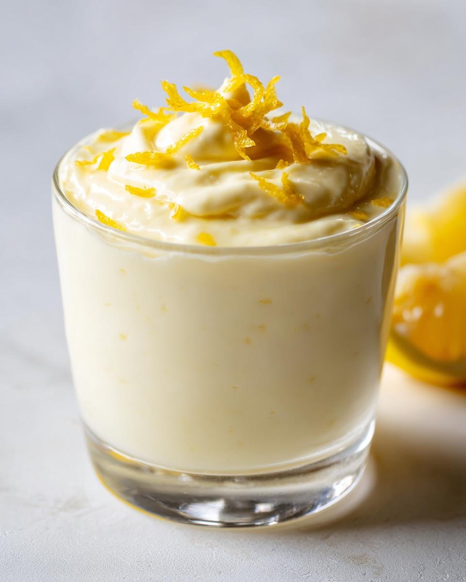 Ein Glas cremiges Zitronen-Posset, garniert mit Zitronenschale, perfekt f&uuml;r ein unwiderstehliches Zitronen-Posset Rezept.