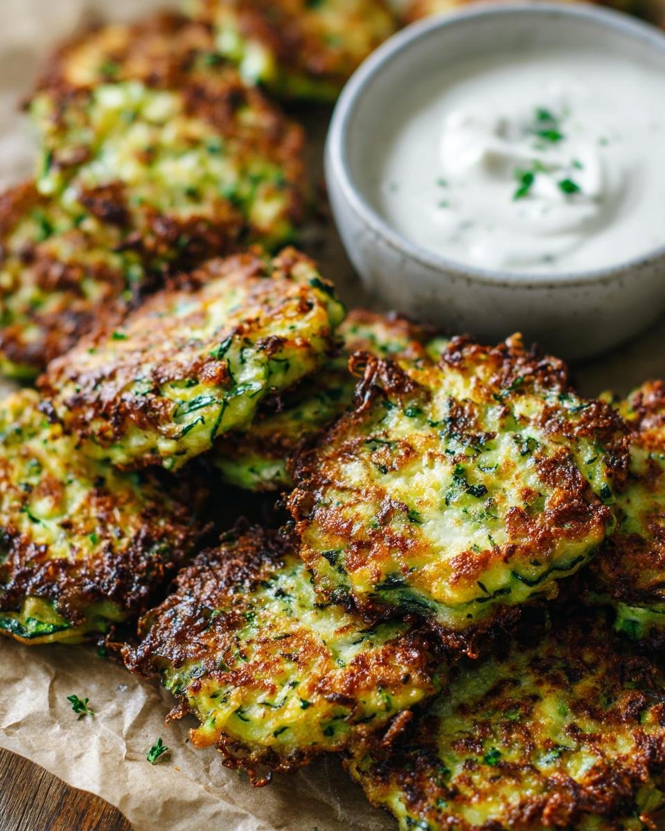 Goldbraune Zucchini Fritters mit einem Sch&auml;lchen Dip, garniert mit Petersilie.