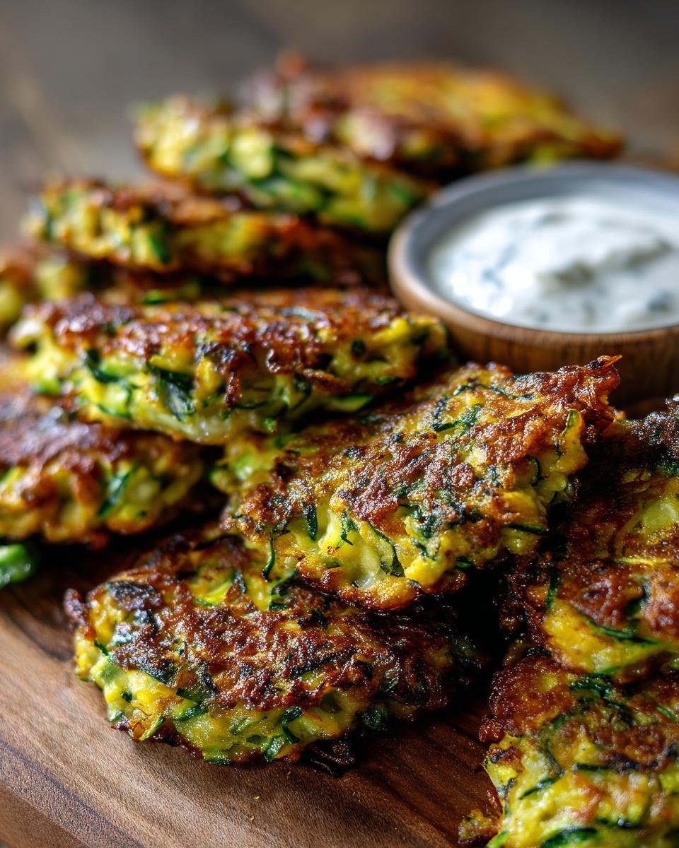 Gestapelte goldbraune Zucchini Fritters mit einem Sch&auml;lchen hausgemachtem Dip daneben.