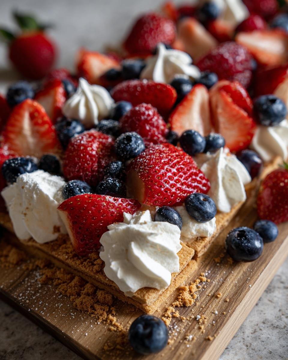 Nahaufnahme eines festlichen 4. Juli Dessert-Bretts mit Erdbeeren, Blaubeeren und Sahnetupfern auf einem Holzbrett.