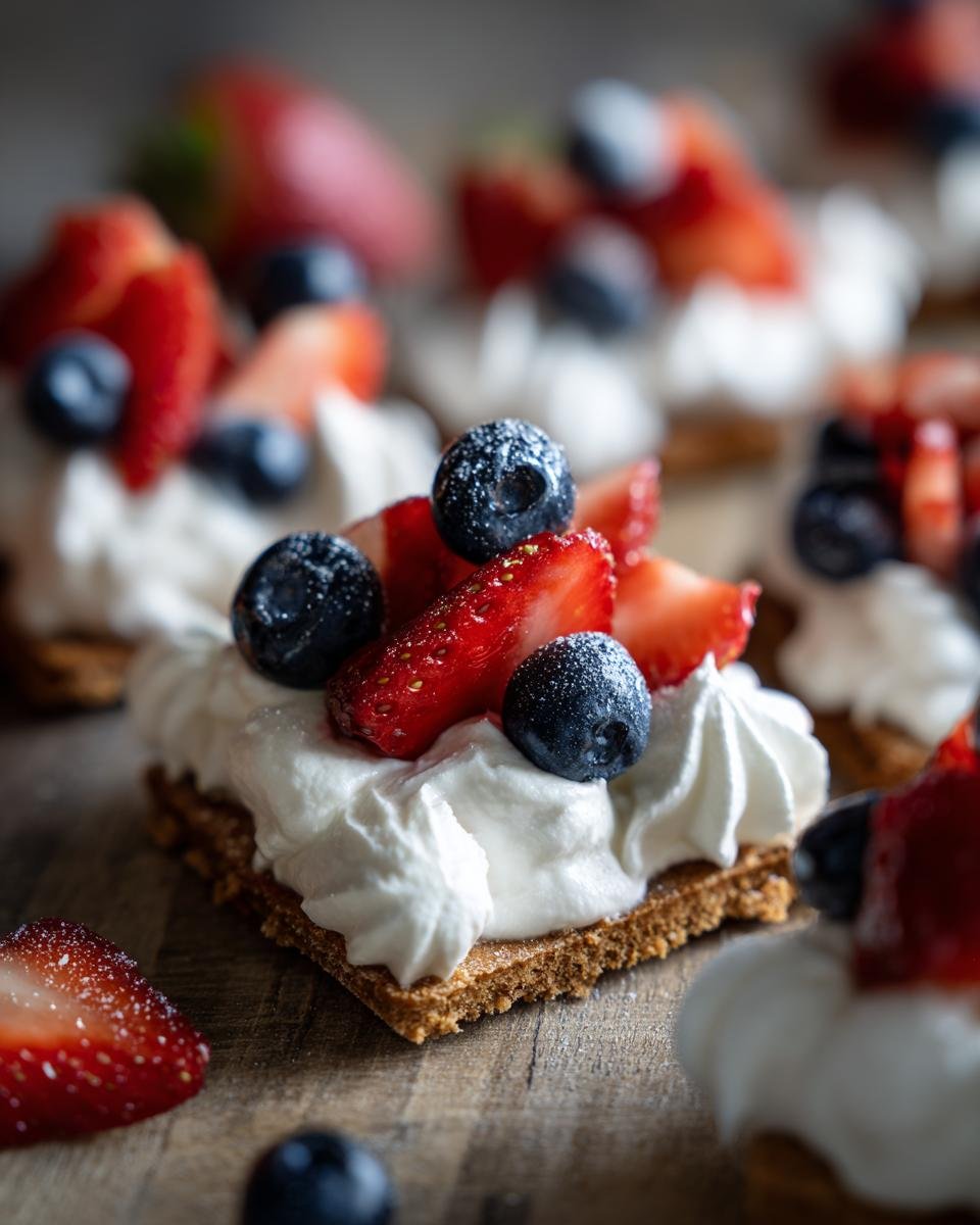 Nahaufnahme eines kleinen T&ouml;rtchens mit Sahne, Erdbeeren und Blaubeeren, perfekt f&uuml;r ein 4. Juli Dessert-Brett.
