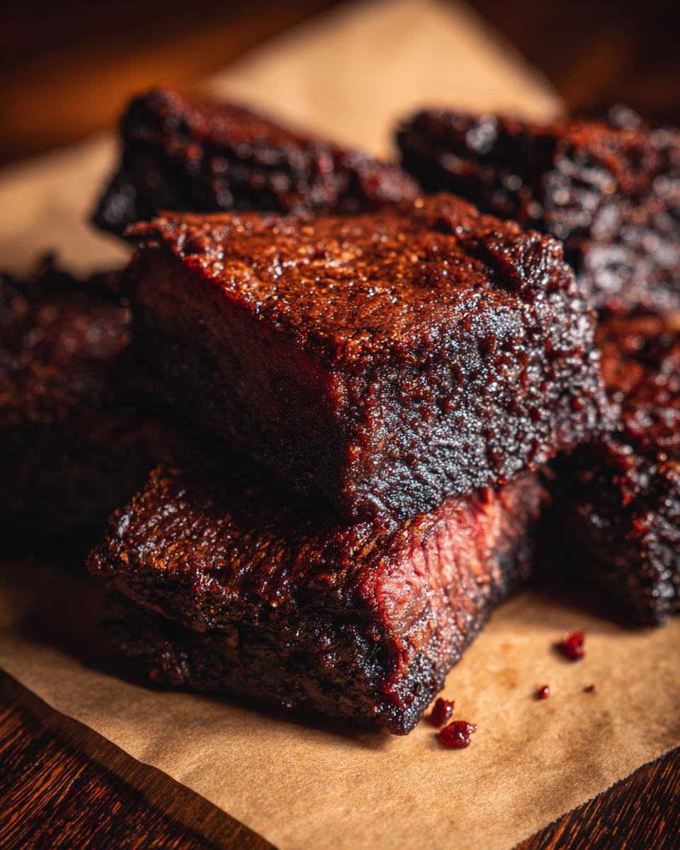 Nahaufnahme von saftigen, rauchigen Fleischst&uuml;cken, perfekt f&uuml;r 5 leckere 4. Juli Rezepte.