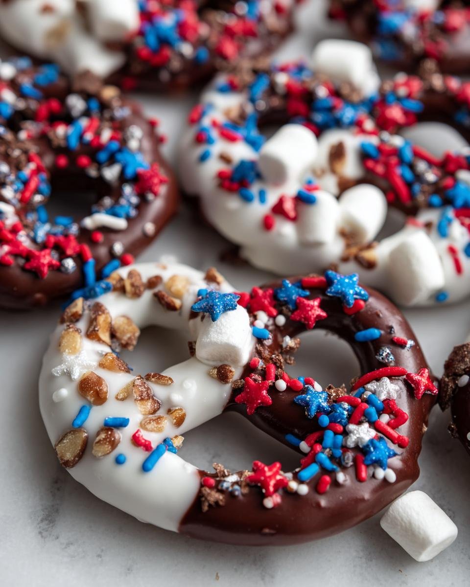 Nahaufnahme von Schoko-Brezeln mit wei&szlig;er und dunkler Schokolade, verziert mit Marshmallows und roten, wei&szlig;en und blauen Streuseln f&uuml;r den 4. Juli.