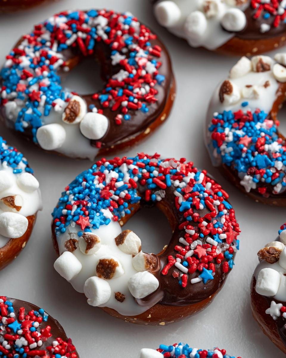 Nahaufnahme von Fantastischen 4. Juli Schoko-Brezeln mit roter, wei&szlig;er und blauer Glasur und Streuseln.