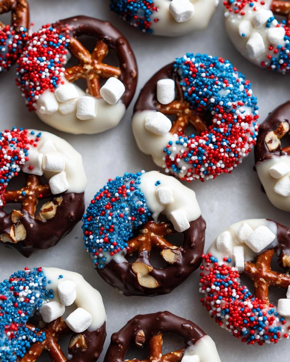 Nahaufnahme von Fantastischen 4. Juli Schoko-Brezeln, verziert mit wei&szlig;er und dunkler Schokolade, roten, wei&szlig;en und blauen Streuseln und Marshmallows.