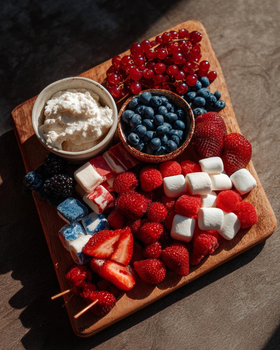 Eine 4. Juli S&uuml;&szlig;e Charcuterie-Platte mit roten Johannisbeeren, Blaubeeren, Erdbeeren, Himbeeren, Marshmallows und bunten S&uuml;&szlig;igkeiten.