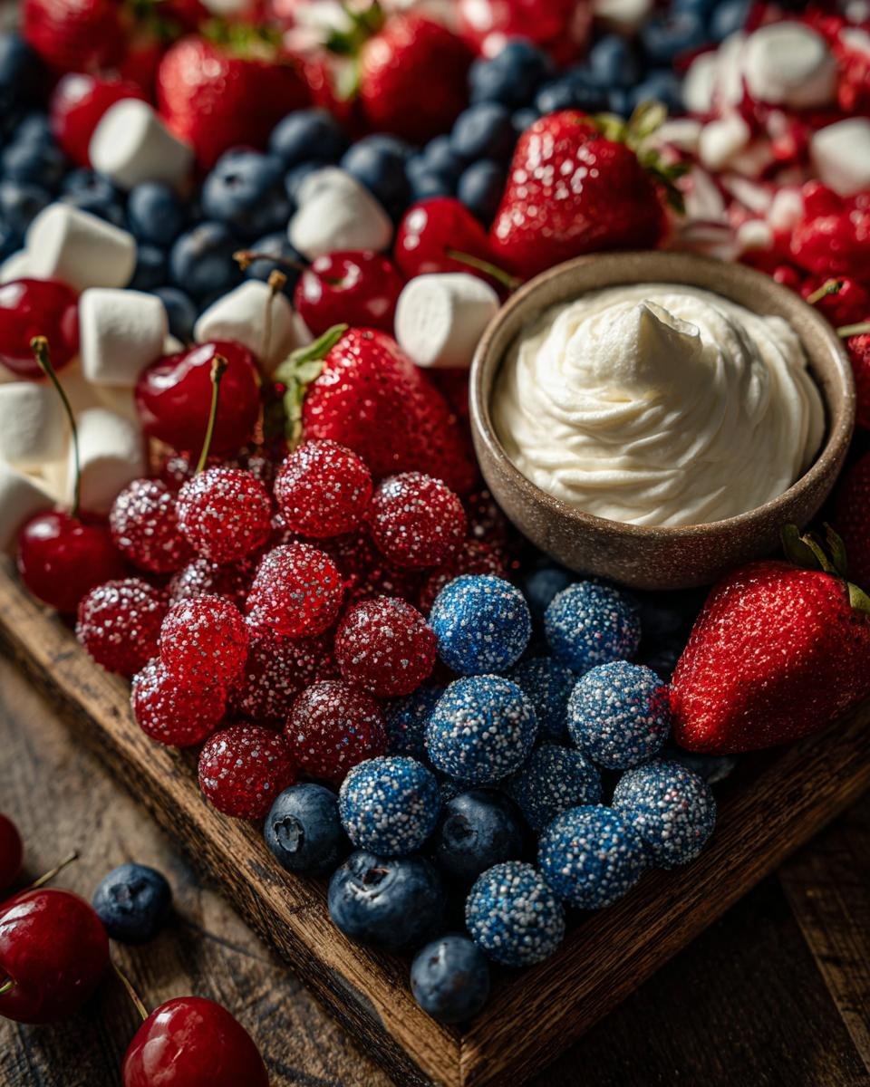 Nahaufnahme einer 4. Juli S&uuml;&szlig;en Charcuterie-Platte mit Erdbeeren, Blaubeeren, Kirschen und Marshmallows.