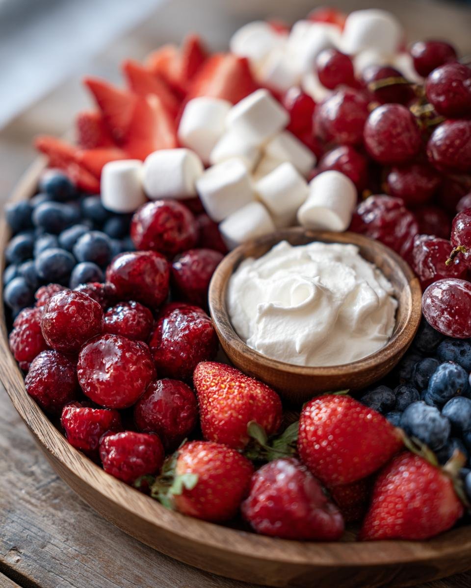 Eine Nahaufnahme einer 4. Juli S&uuml;&szlig;en Charcuterie-Platte mit Erdbeeren, Blaubeeren, Himbeeren, Weintrauben, Marshmallows und einem Dip.