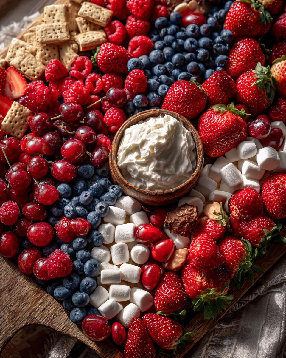Eine &uuml;ppige 4. Juli S&uuml;&szlig;e Charcuterie-Platte mit Erdbeeren, Blaubeeren, Himbeeren, Kirschen, Marshmallows und Keksen.