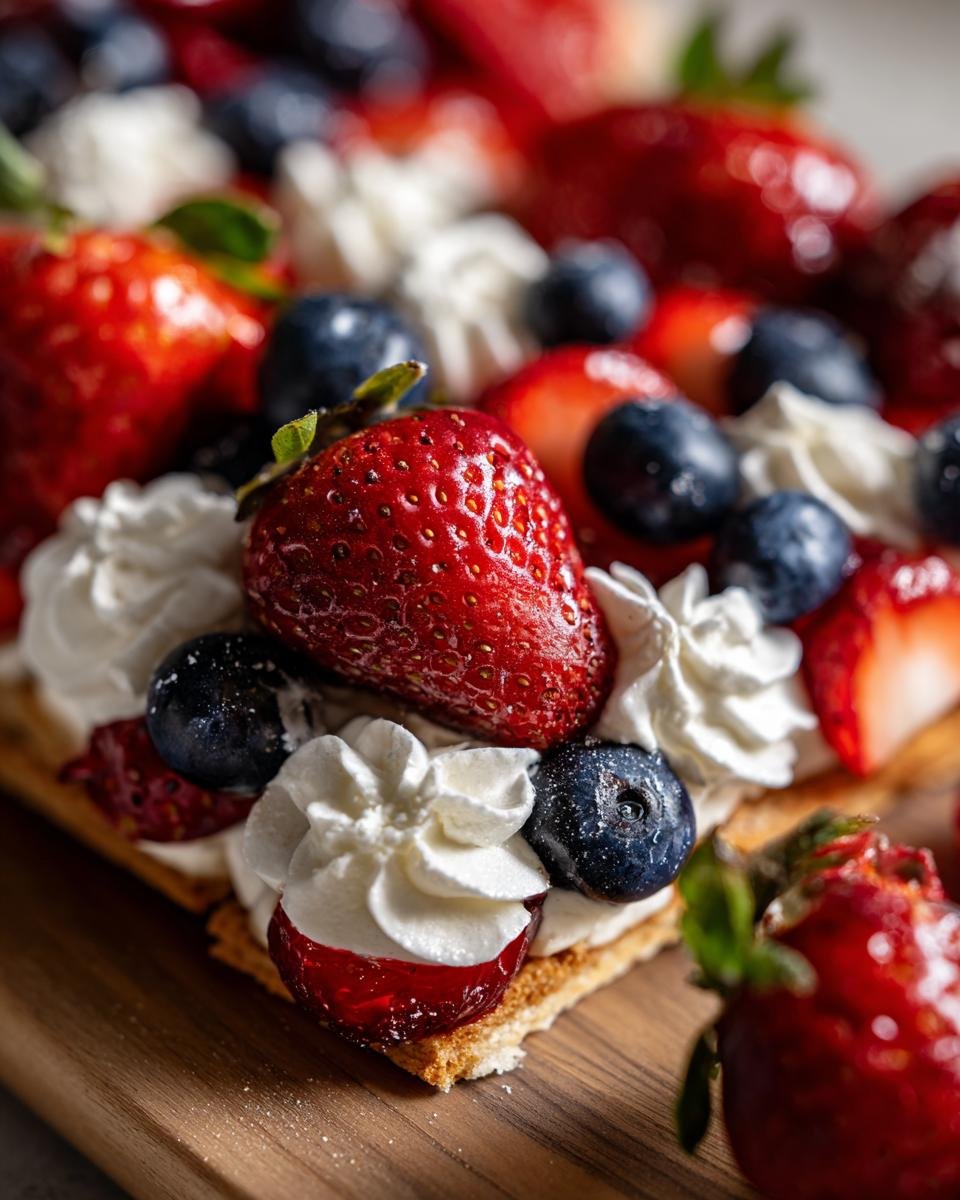 Nahaufnahme eines 4. Juli Dessert-Bretts mit Erdbeeren, Blaubeeren und Sahnetupfern auf einem Holzbrett.