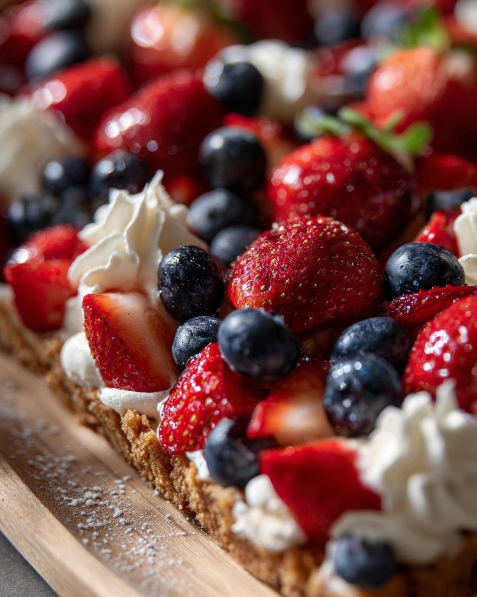 Nahaufnahme eines festlichen 4. Juli Dessert-Bretts mit frischen Erdbeeren, Blaubeeren und Schlagsahne.