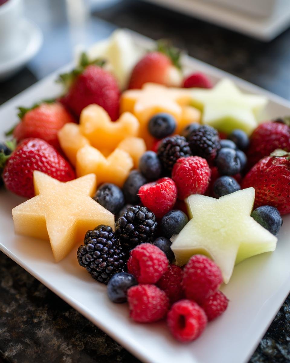 Eine bunte 4th Of July Fruit Platter mit Sternen aus Melone, Erdbeeren, Blaubeeren und Himbeeren.