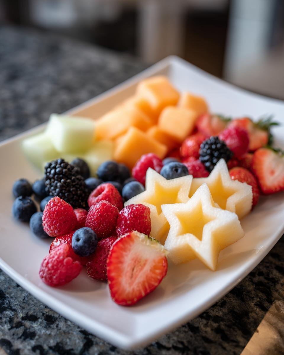 4th Of July Fruit Platter Sommer Spa&szlig; mit Sternen aus Melone, Beeren und Cantaloupe.