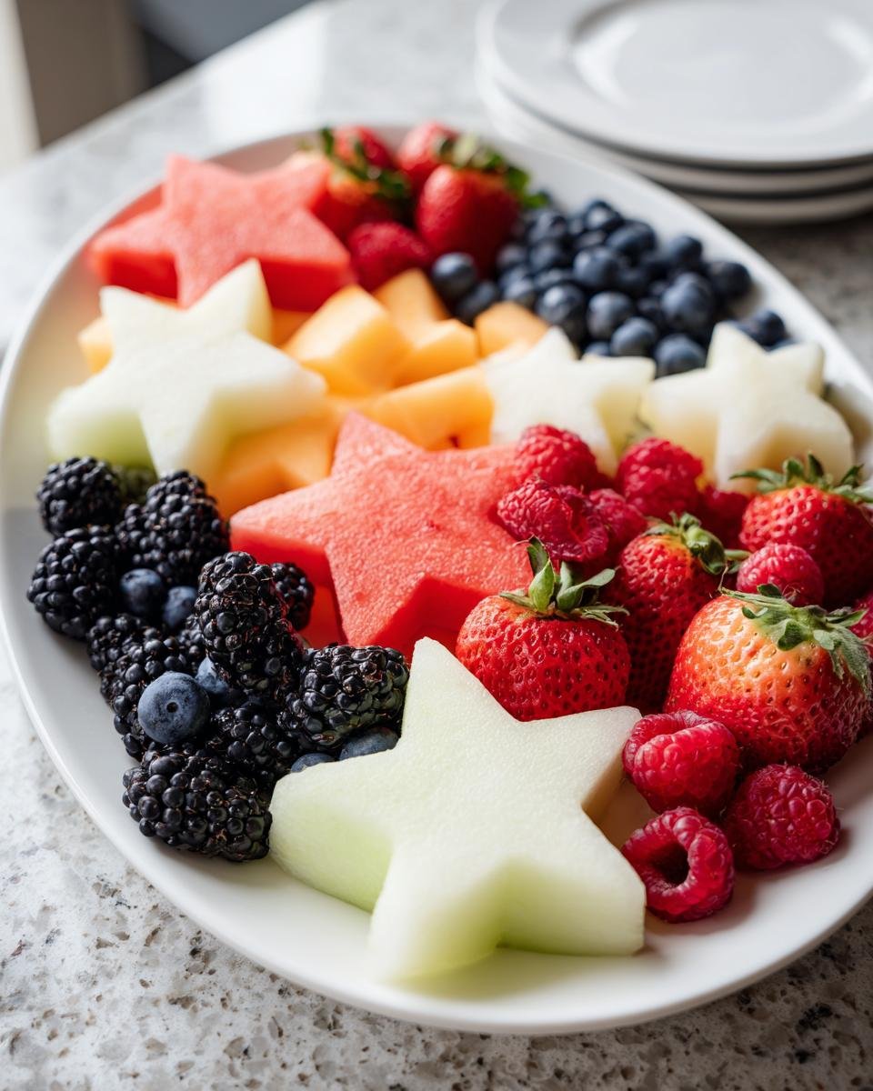 Eine farbenfrohe 4th Of July Fruit Platter Sommer Spa&szlig; mit Sternen aus Wassermelone und Honigmelone, Erdbeeren, Himbeeren und Blaubeeren.