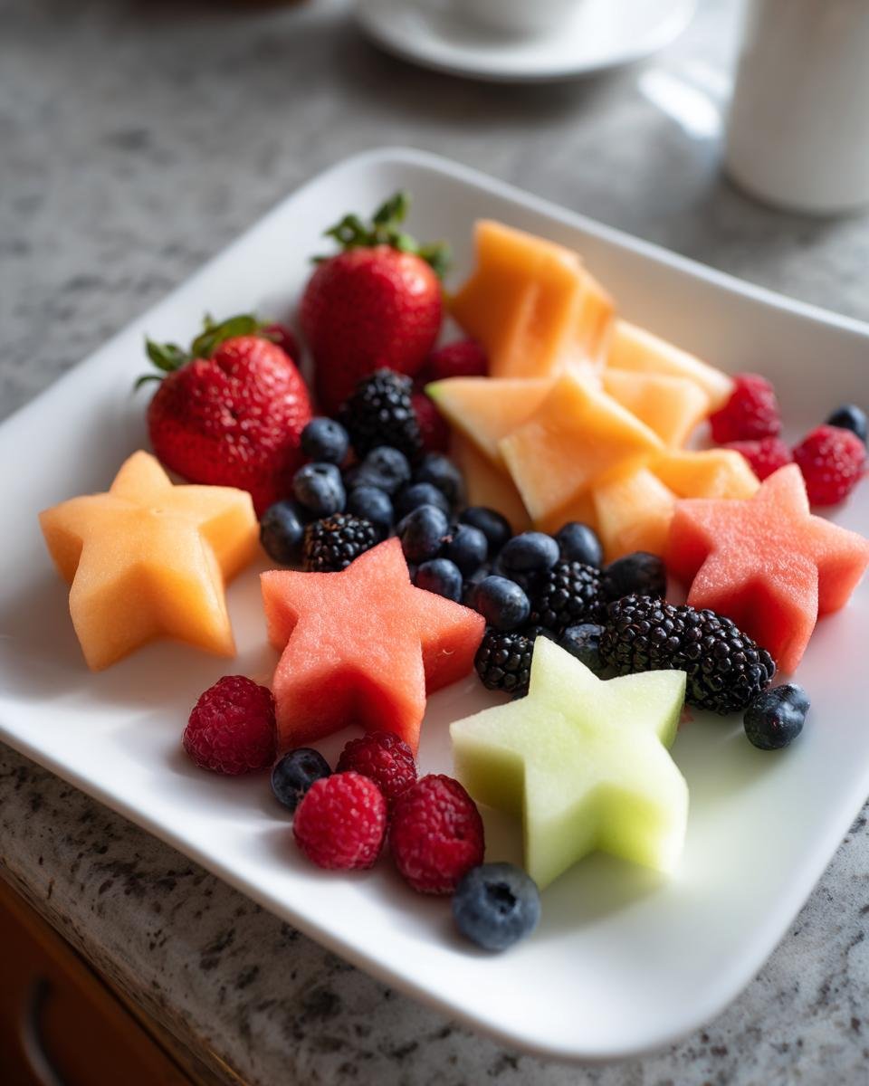 Eine 4th Of July Obstplatte mit Fr&uuml;chten in Sternform geschnitten, darunter Beeren und Melone.