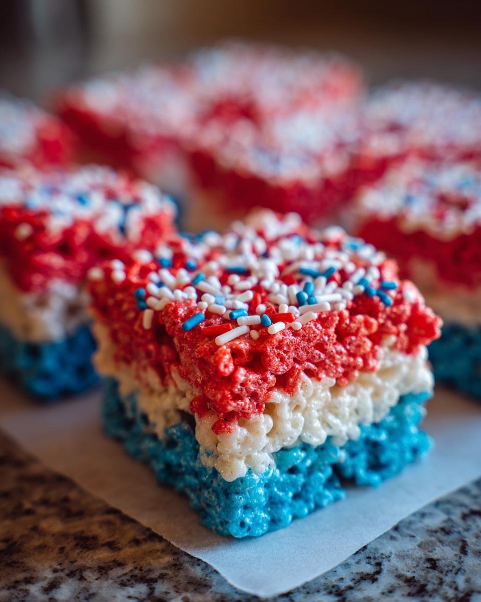 Schichtweise geschichtete 4th Of July Rice Krispies Treats in Rot, Wei&szlig; und Blau, bestreut mit Streuseln.