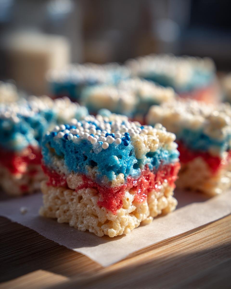 Nahaufnahme von 4. Juli Rice Krispies Treats mit roten und blauen Schichten und wei&szlig;en und blauen Streuseln.