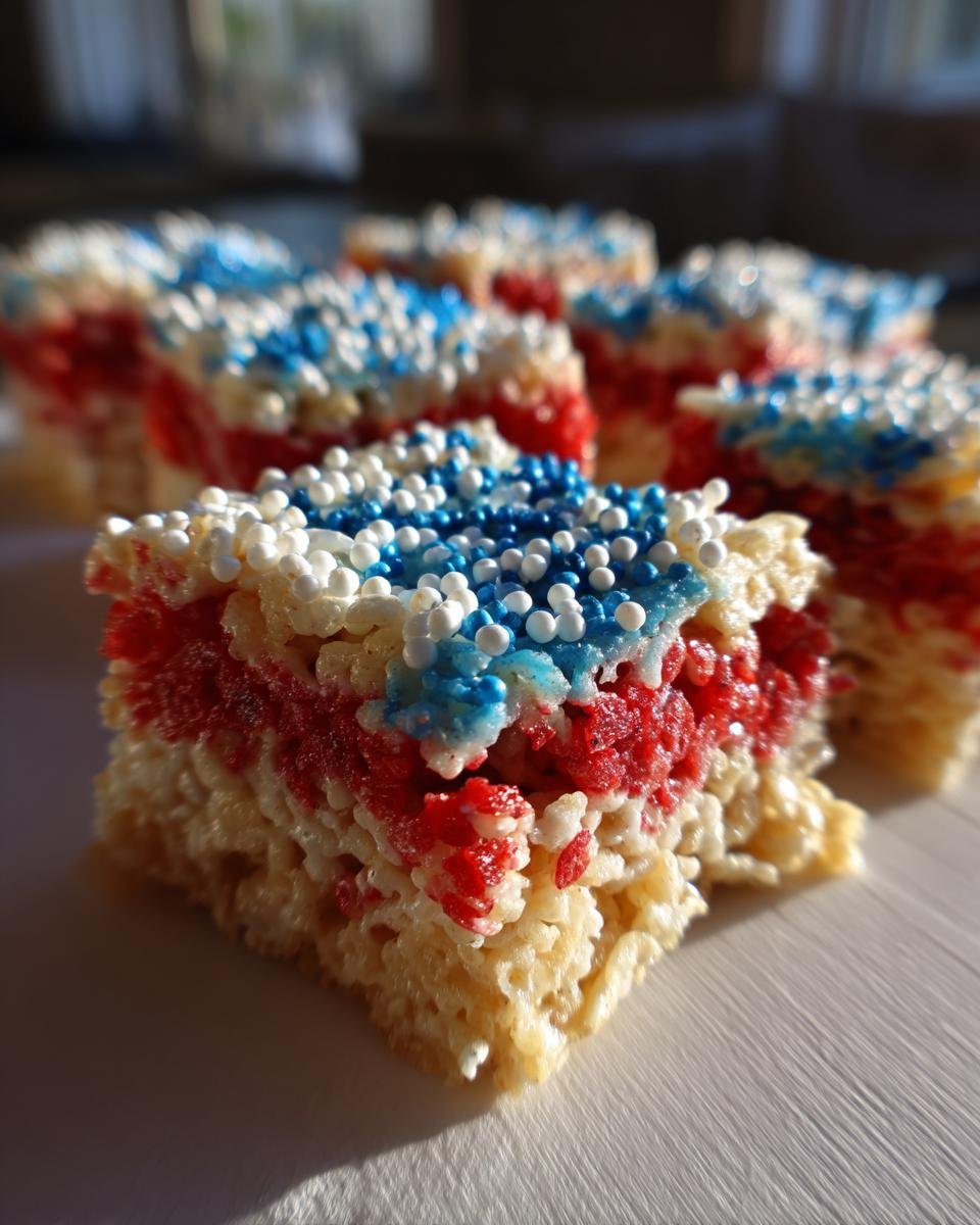 Nahaufnahme von roten, wei&szlig;en und blauen 4th Of July Rice Krispies Treats, verziert mit Zuckerstreuseln.