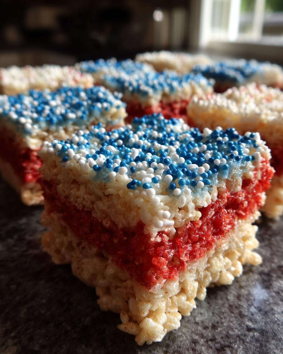 Nahaufnahme von 4th Of July Rice Krispies Treats mit roten und blauen Streuseln, die die amerikanische Flagge darstellen.