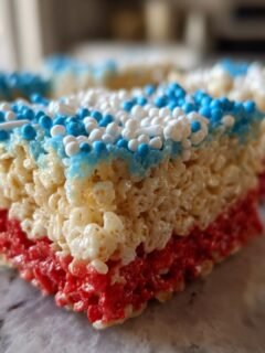 Nahaufnahme von 4. Juli Rice Krispies Treats mit roten, wei&szlig;en und blauen Schichten und bunten Streuseln.