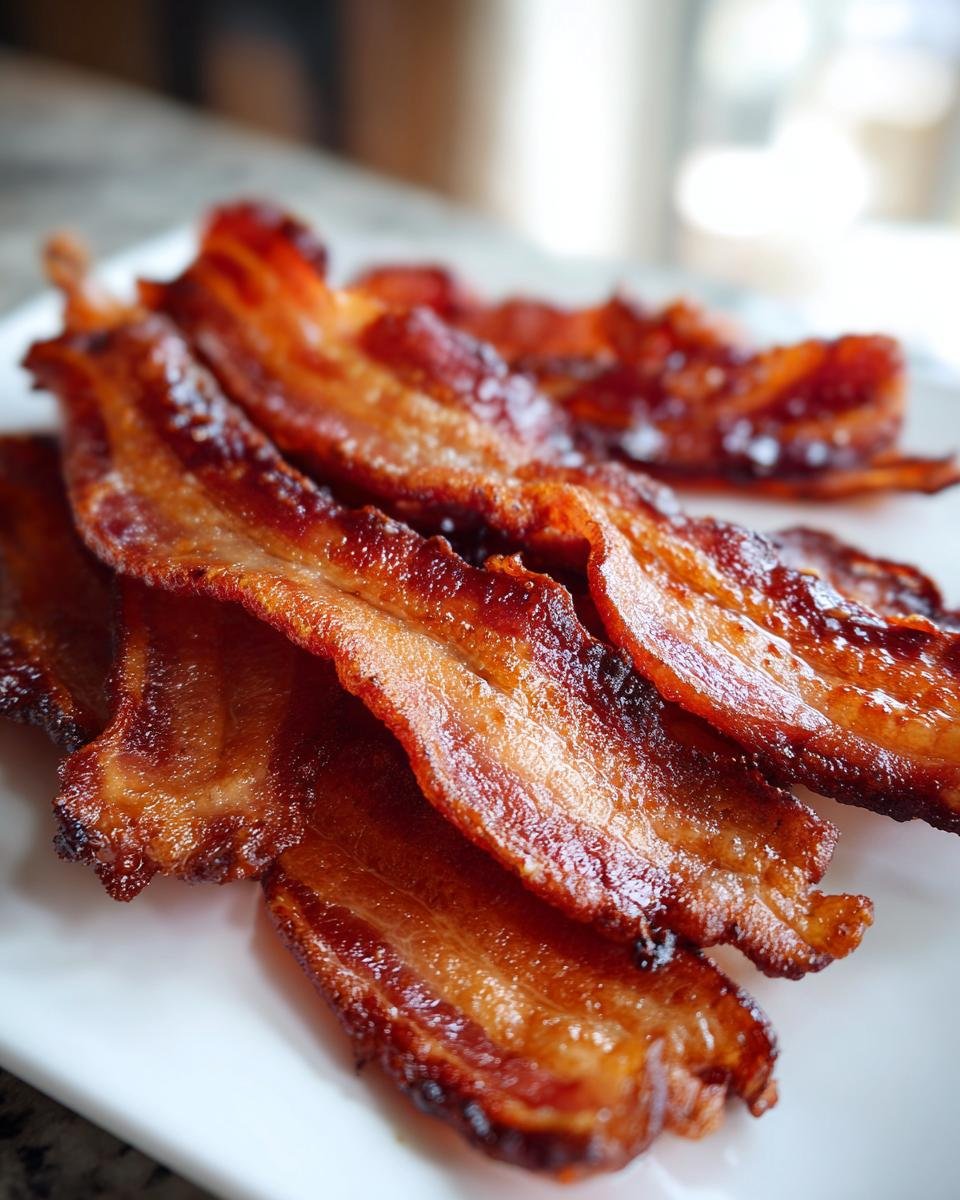 Nahaufnahme von mehreren Scheiben perfekt gebratenem, knusprigem Air Fryer Bacon auf einem weißen Teller.
