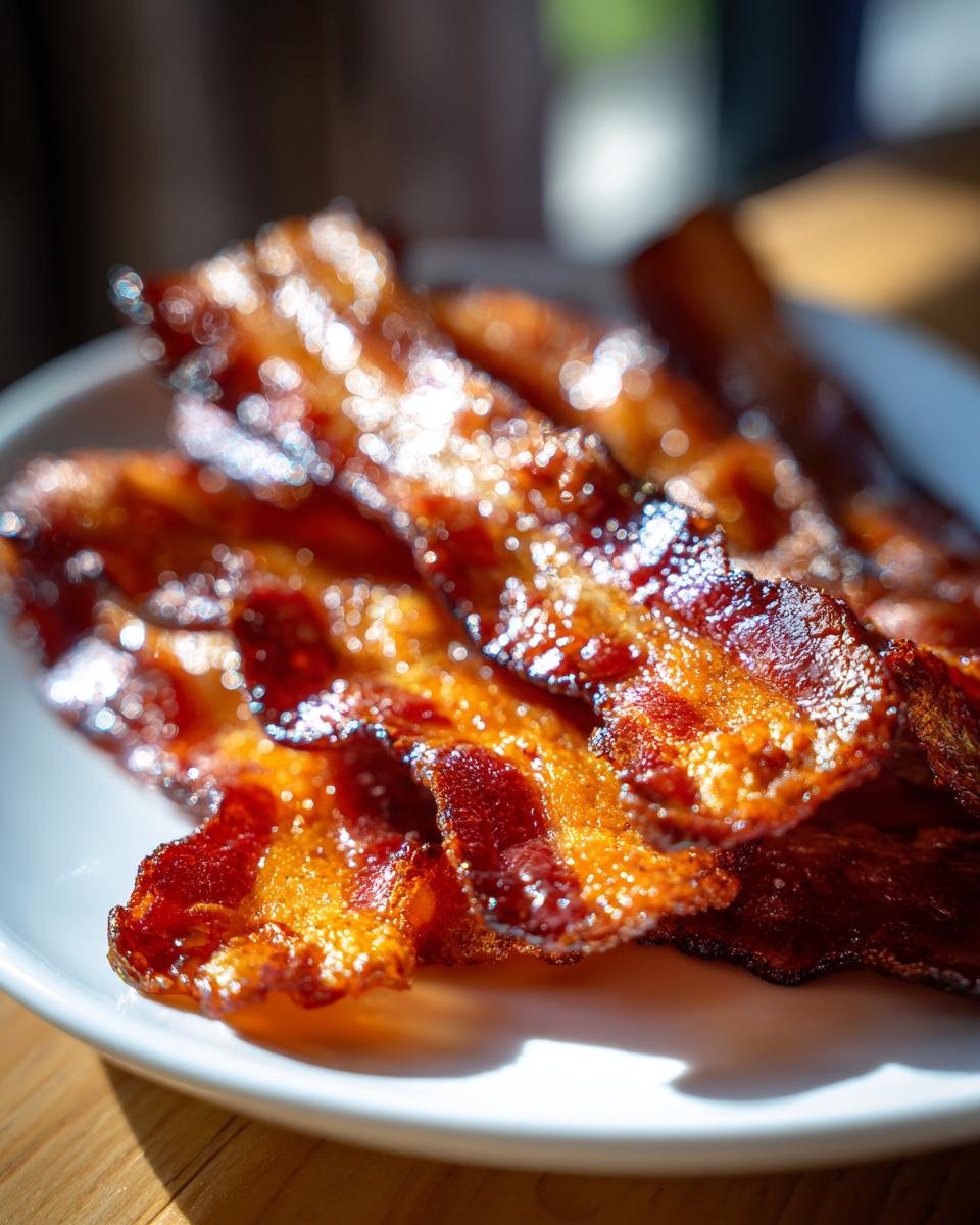 Nahaufnahme von knusprigem, glänzendem Air Fryer Bacon auf einem weißen Teller, perfekt zubereitet.
