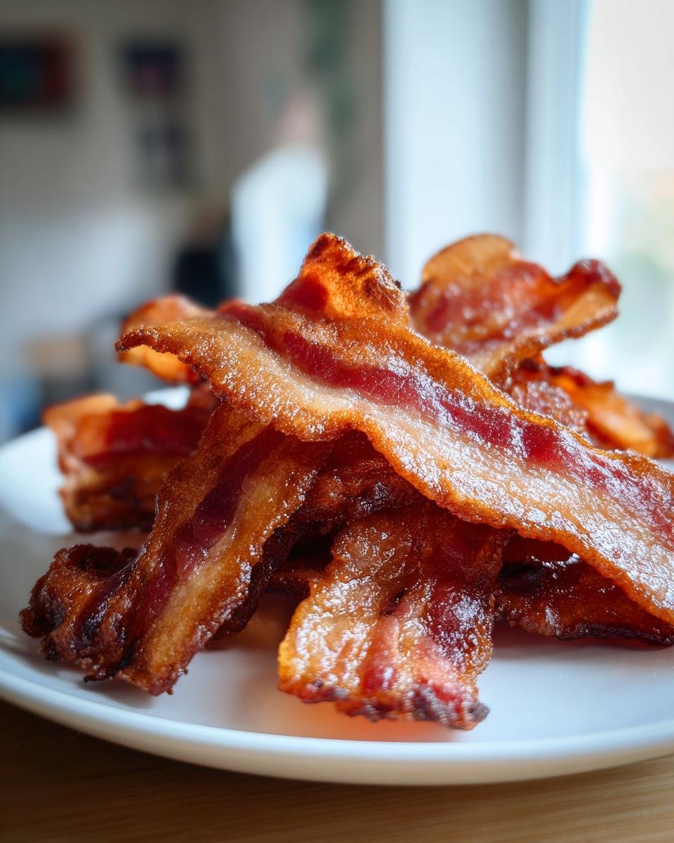 Nahaufnahme von knusprigem Air Fryer Bacon, gestapelt auf einem weißen Teller.