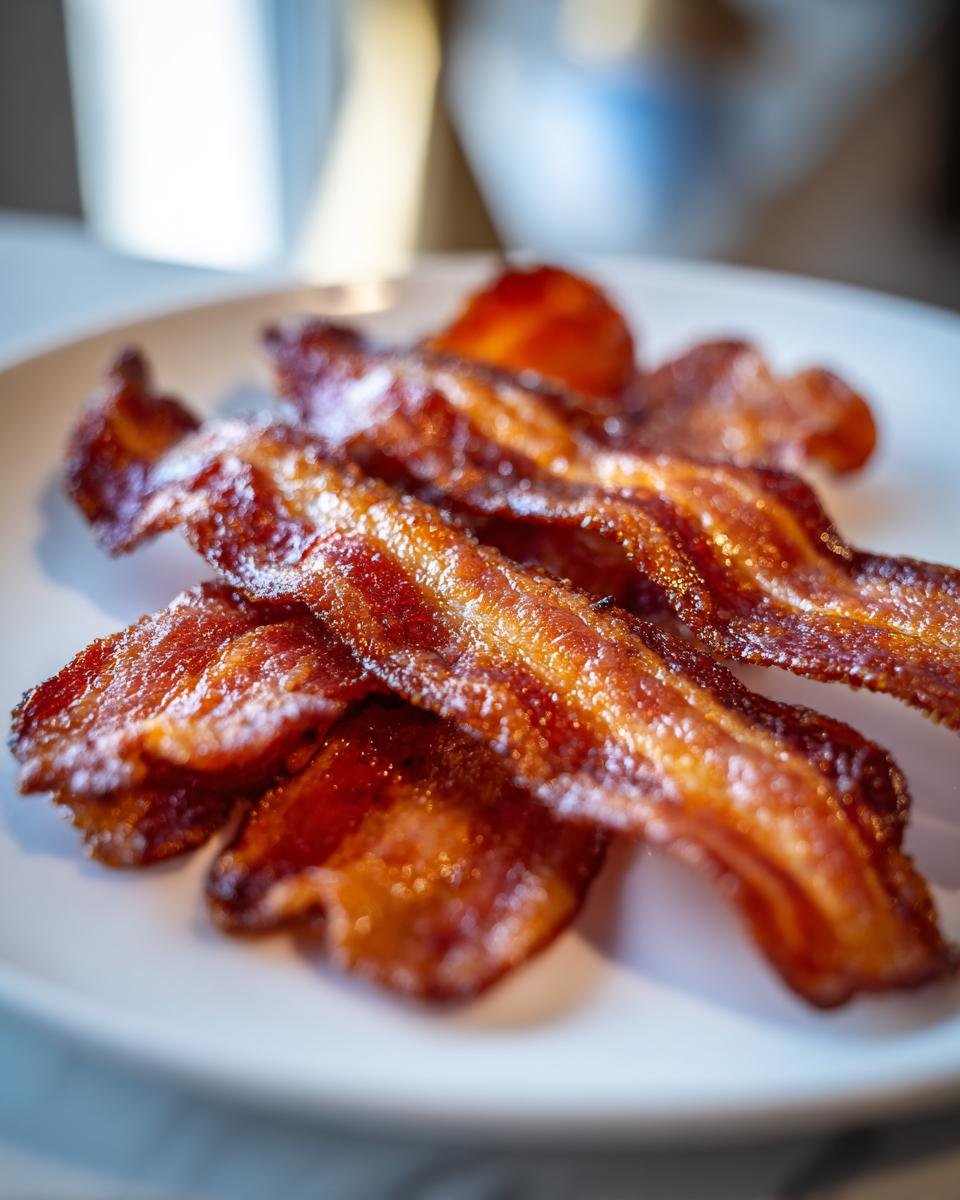 Nahaufnahme von knusprigem, perfekt gebratenem Bacon auf einem weißen Teller, zubereitet mit der Air Fryer Bacon Methode.