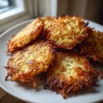 Goldbraune, knusprige Air Fryer Latkes, gestapelt auf einem wei&szlig;en Teller.