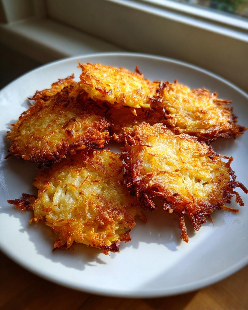 F&uuml;nf knusprige, goldbraune Air Fryer Latkes liegen auf einem wei&szlig;en Teller im Sonnenlicht.