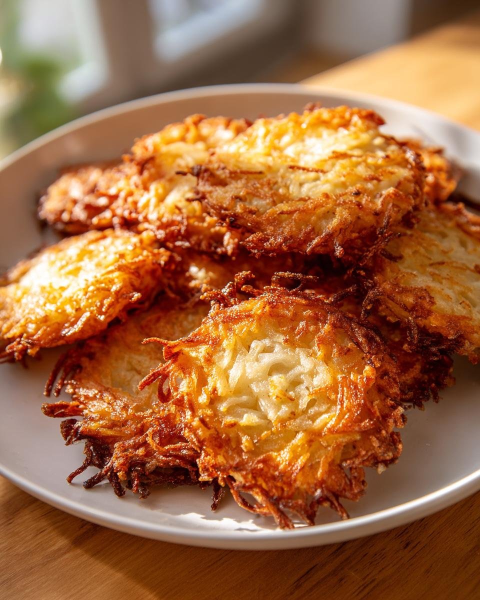Nahaufnahme von goldbraunen, knusprigen Air Fryer Latkes, gestapelt auf einem wei&szlig;en Teller.