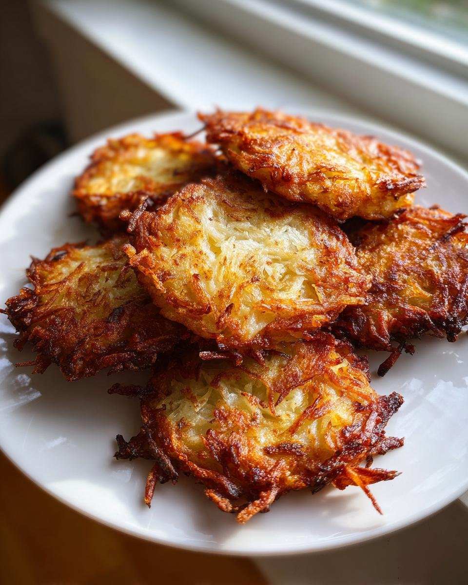 Ein Stapel goldbrauner, knuspriger Air Fryer Latkes auf einem wei&szlig;en Teller, nahaufnahme.
