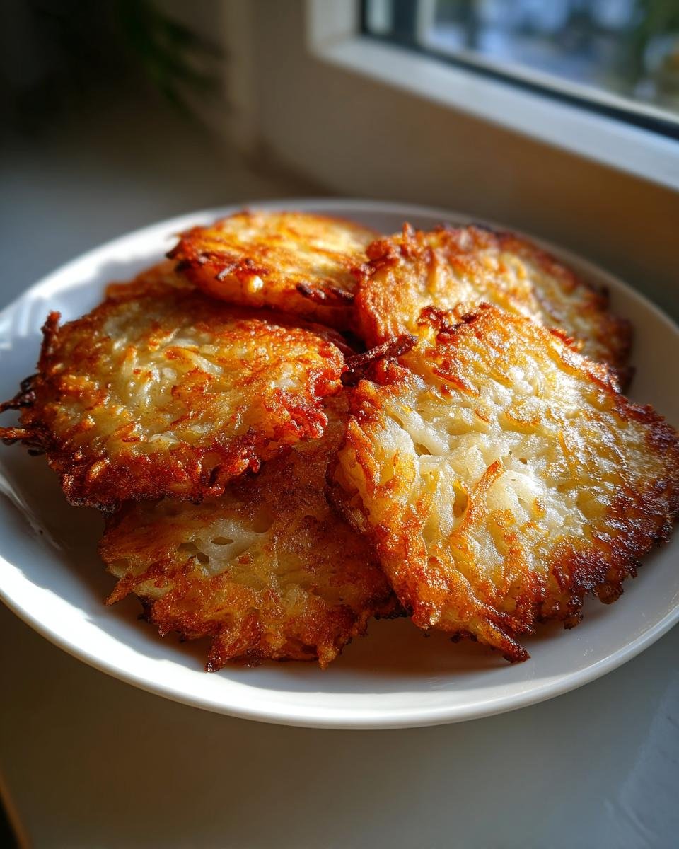 F&uuml;nf goldbraun gebratene Air Fryer Latkes liegen auf einem wei&szlig;en Teller im Sonnenlicht.