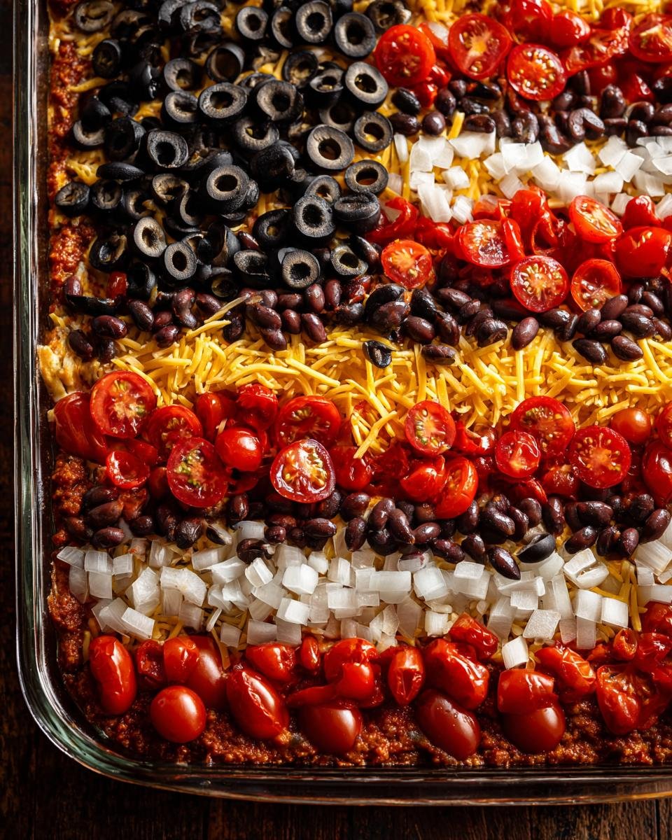 Nahaufnahme eines American Flag Layered Taco Dips mit Schichten von schwarzen Oliven, Bohnen, K&auml;se, Tomaten und Zwiebeln.