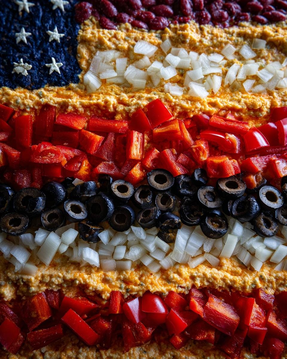 Nahaufnahme eines American Flag Layered Taco Dip mit Schichten aus Bohnen, K&auml;se, Zwiebeln, Paprika und Oliven.