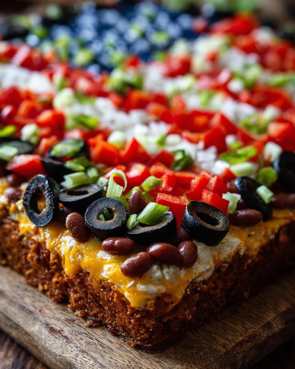 Nahaufnahme eines American Flag Layered Taco Dip mit schwarzen Oliven, roten Paprika und Fr&uuml;hlingszwiebeln.