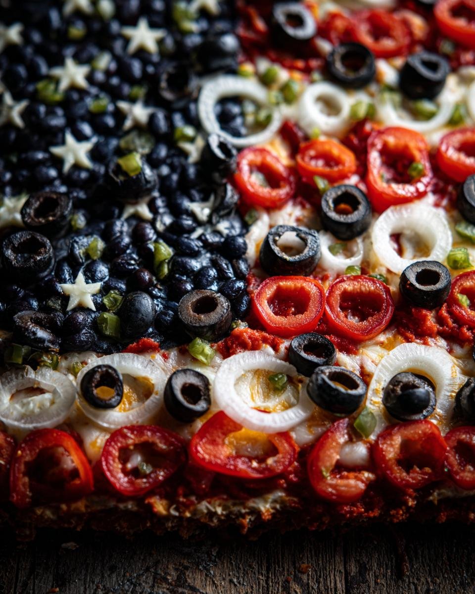 Nahaufnahme eines American Flag Layered Taco Dips mit schwarzen Bohnen, Sternen aus K&auml;se, Zwiebelringen und roten Paprikastreifen.