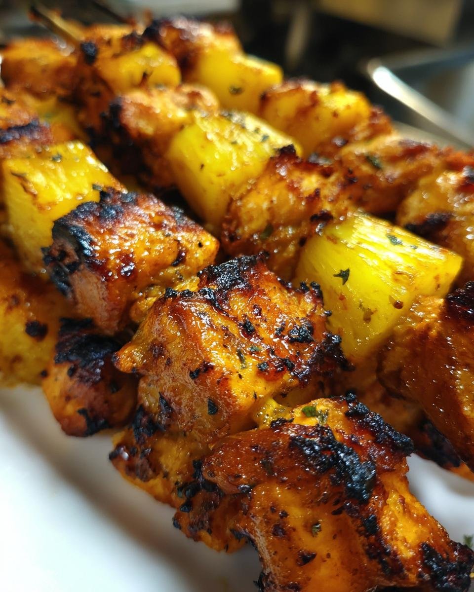 Nahaufnahme von gegrillten Ananas-H&auml;hnchen-Spie&szlig;en, saftig und karamellisiert.