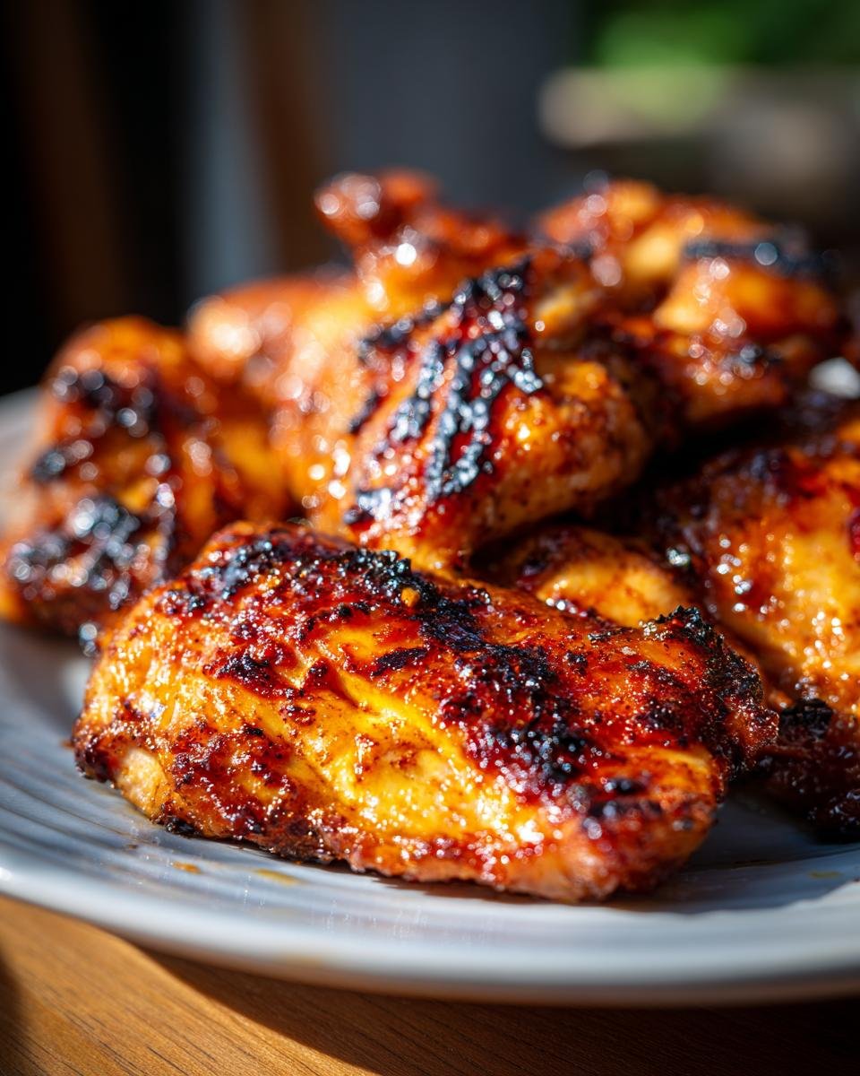 Nahaufnahme von saftigen, asiatisch marinierten gegrillten H&auml;hnchenteilen auf einem Teller.