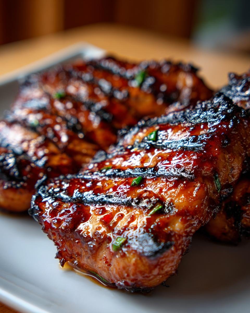Nahaufnahme von saftigem, asiatisch mariniertem gegrilltem H&auml;hnchen auf einem Teller, mit Grillstreifen und gl&auml;nzender Glasur.