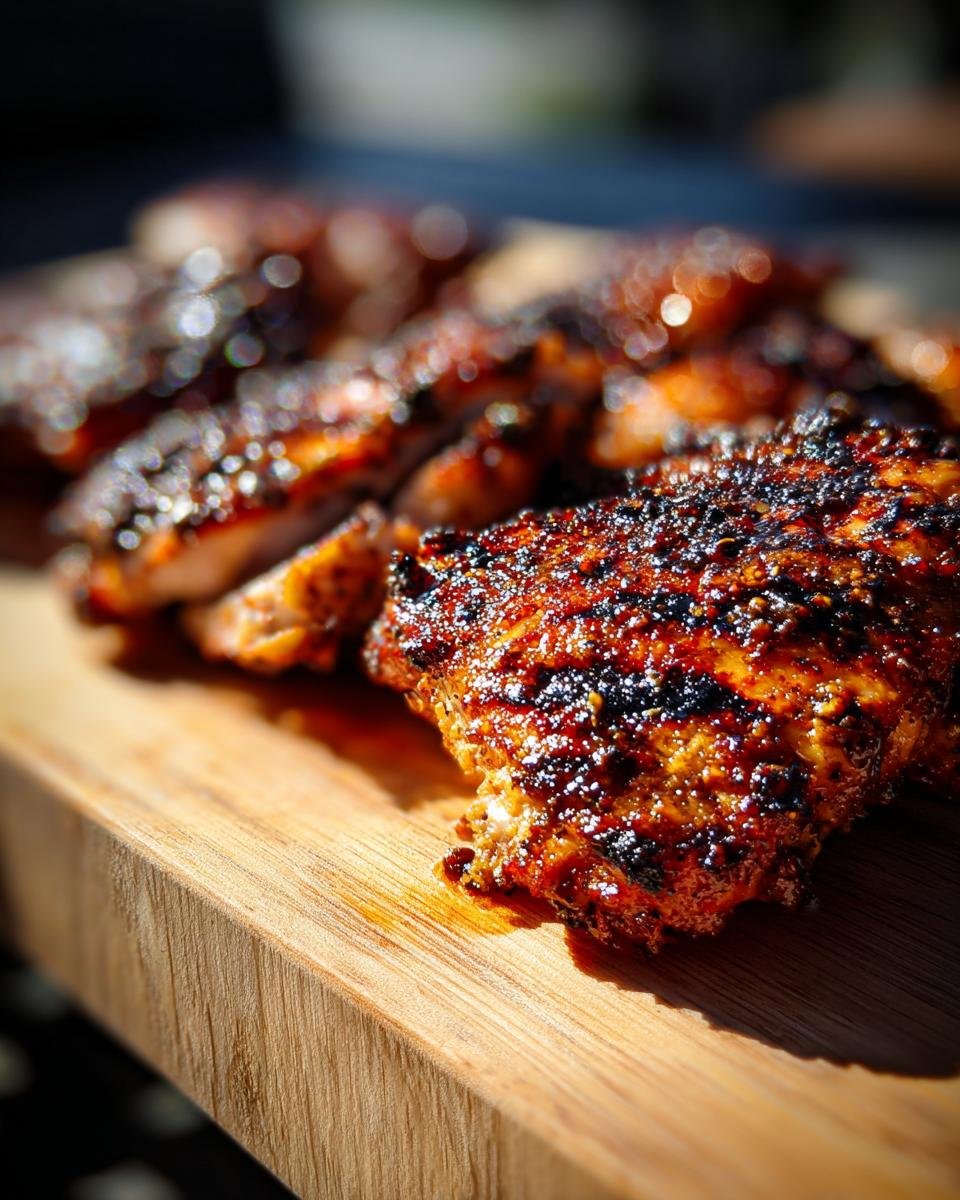Nahaufnahme von saftig gegrilltem H&auml;hnchen mit einer w&uuml;rzigen asiatischen Marinade, serviert auf einem Holzbrett.