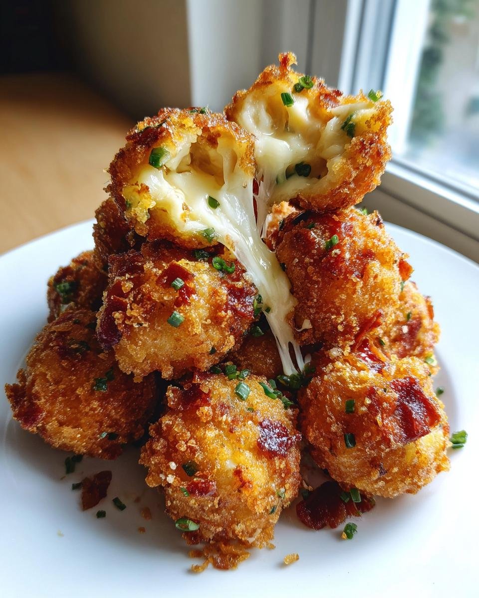 Stapel goldbrauner Bacon Chive Cheese Balls mit geschmolzenem K&auml;se und Schnittlauch.