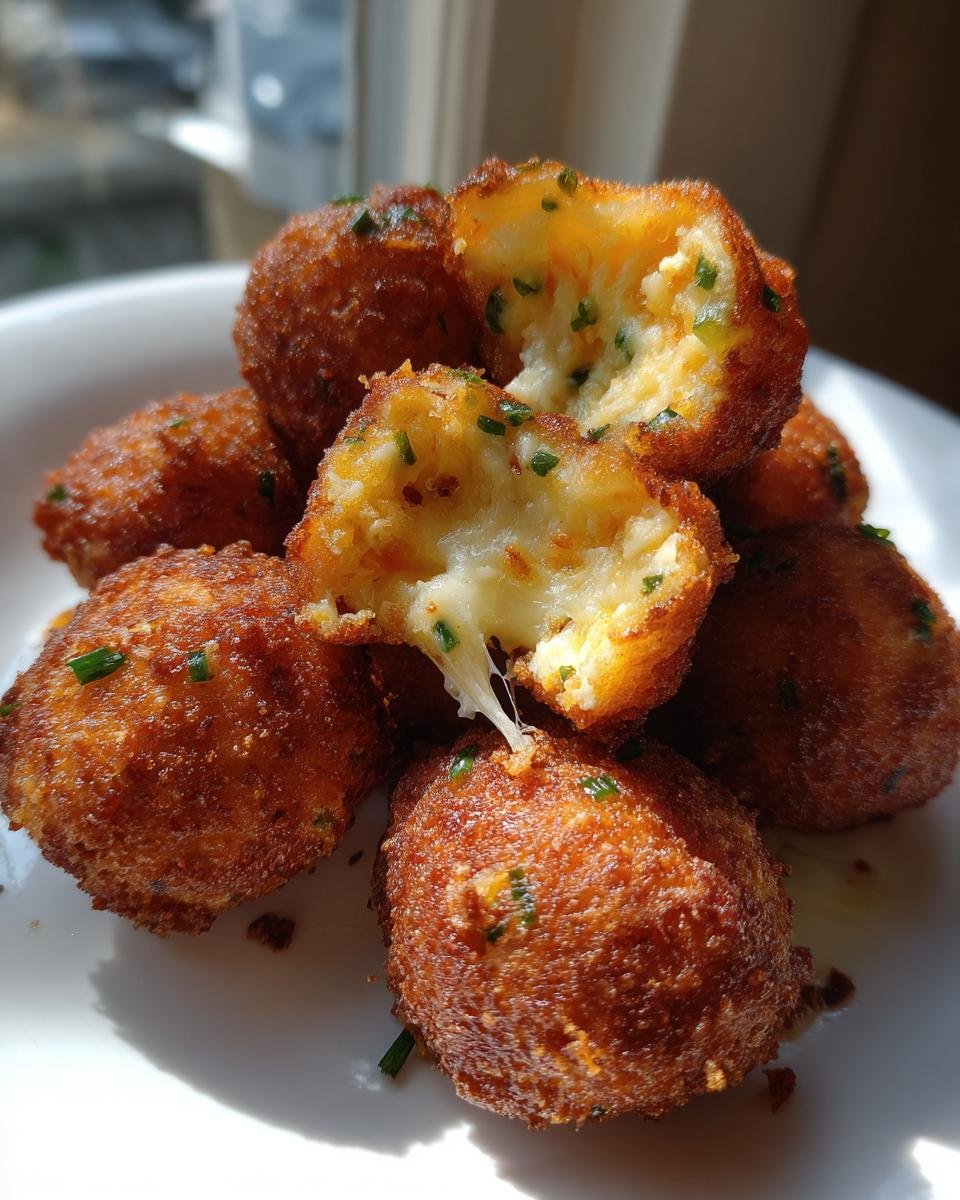 Nahaufnahme von goldbraunen Bacon Chive Cheese Balls, einer ist aufgerissen und zeigt den geschmolzenen K&auml;se.