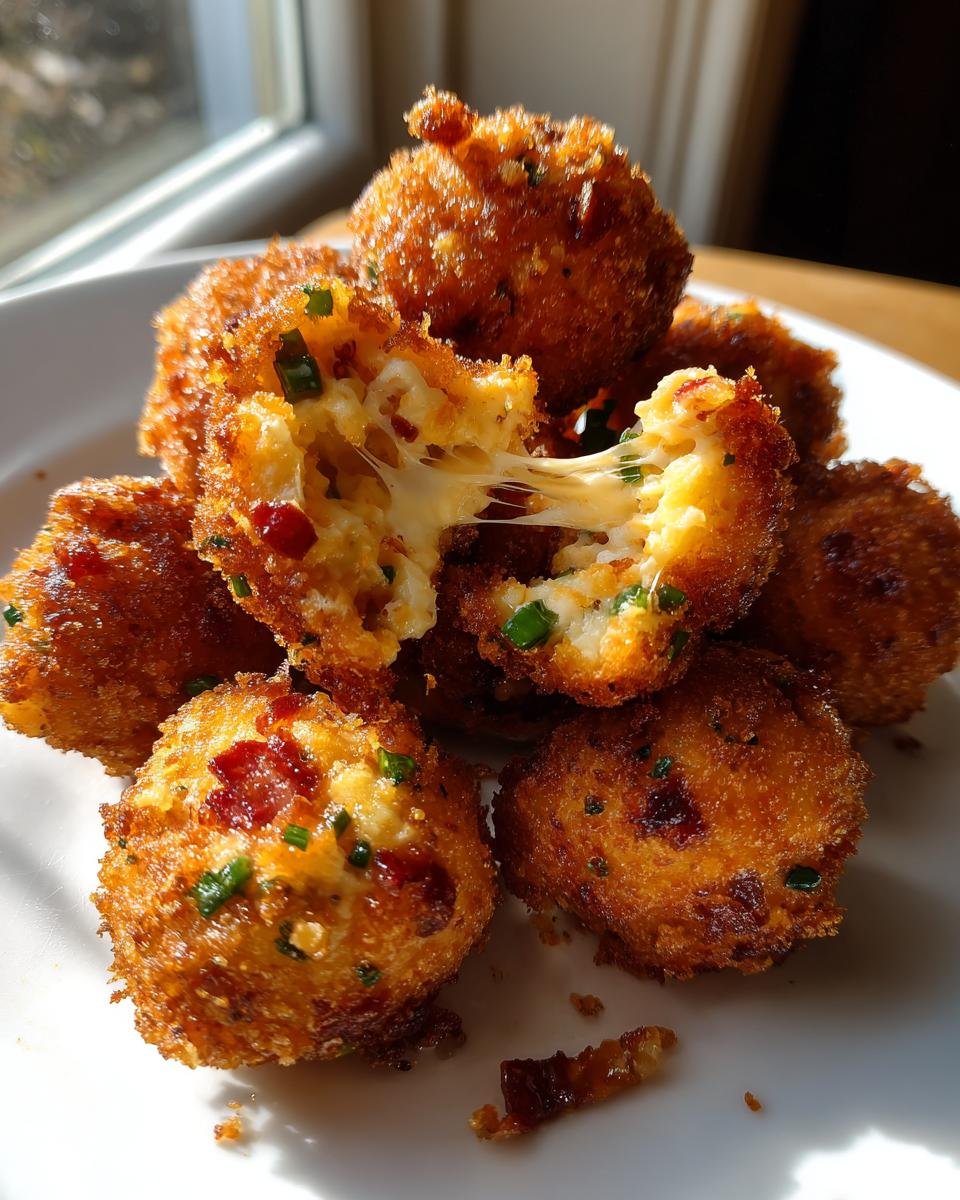 Ein Haufen goldbraun frittierter Bacon Chive Cheese Balls, einer ist aufgerissen und zeigt geschmolzenen K&auml;se.