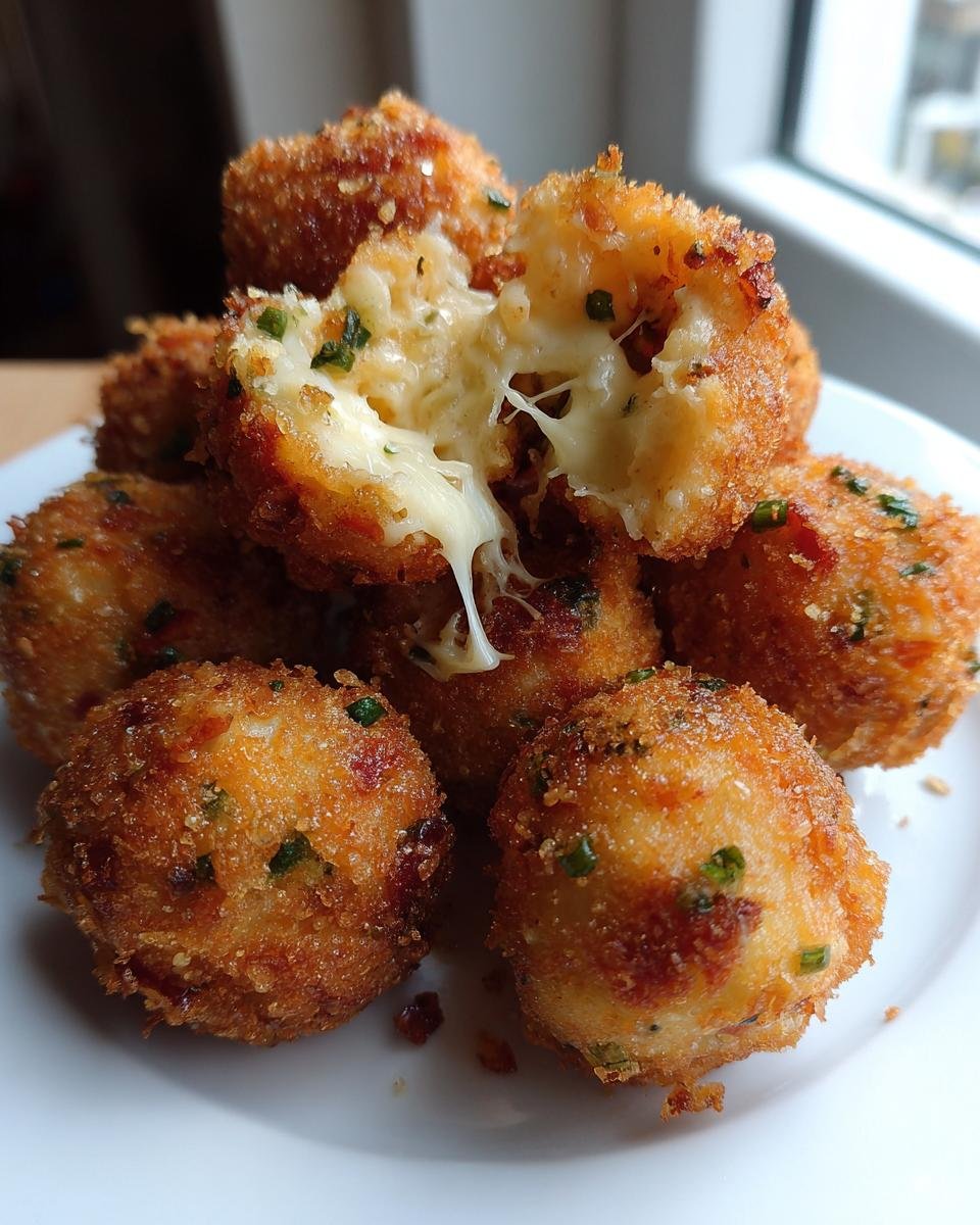 Ein Haufen frittierter Bacon Chive Cheese Balls auf einem wei&szlig;en Teller, einer ist aufgerissen und der K&auml;se zieht F&auml;den.