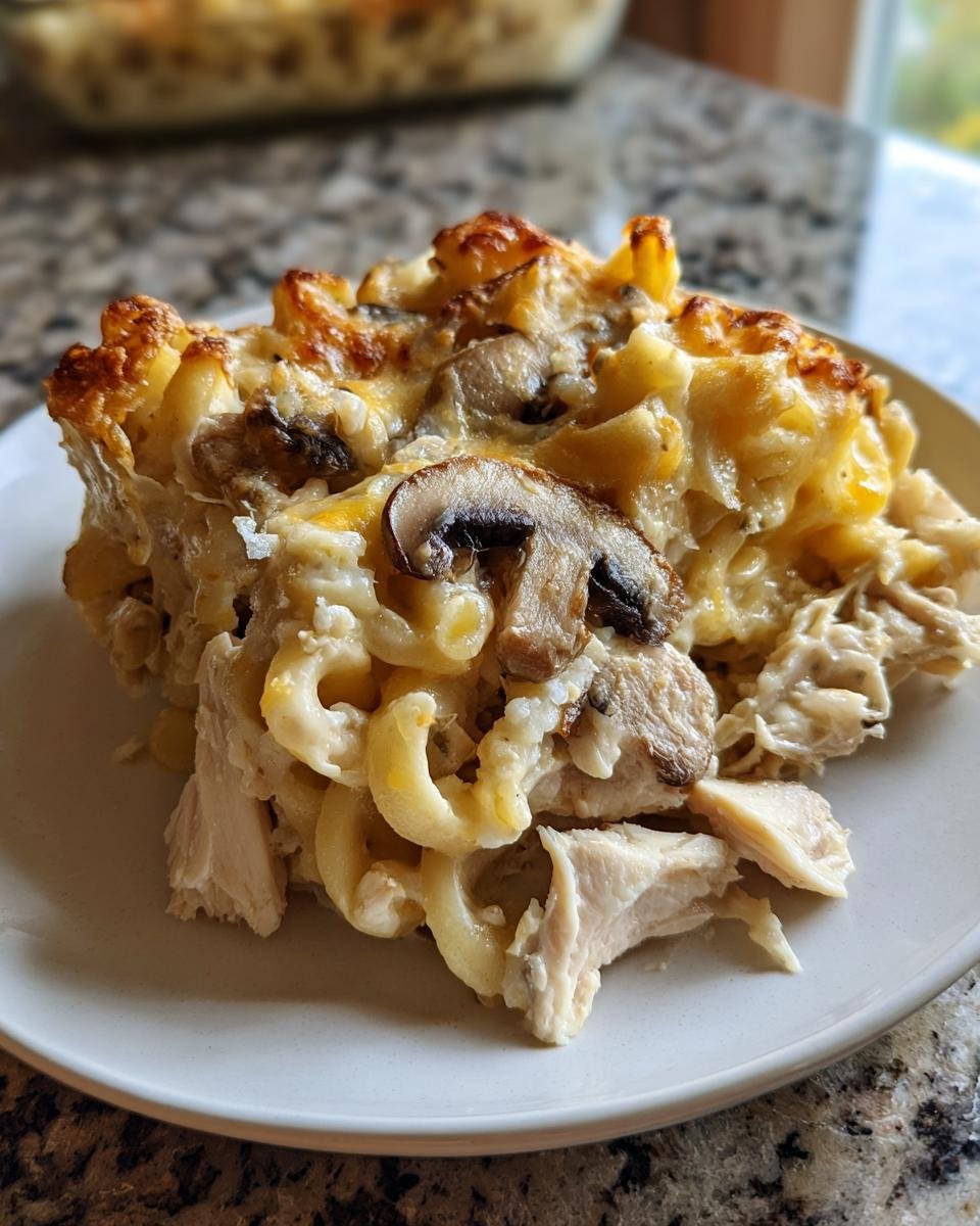 Nahaufnahme eines St&uuml;cks Baked Turkey Tetrazzini mit Nudeln, cremiger Sauce, Putenfleisch und Pilzen.
