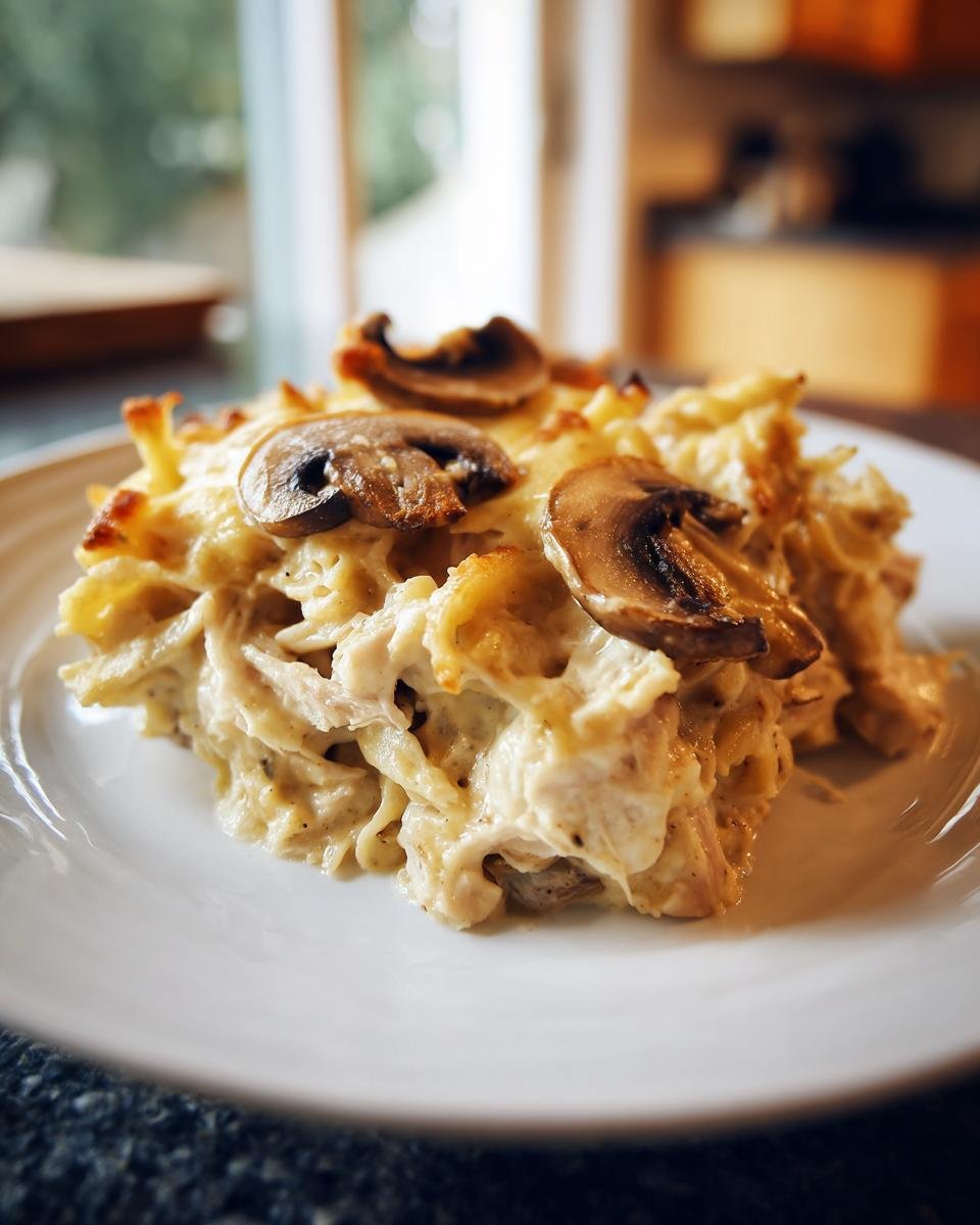 Eine Portion Baked Turkey Tetrazzini mit cremiger So&szlig;e und gebratenen Champignons auf einem wei&szlig;en Teller.