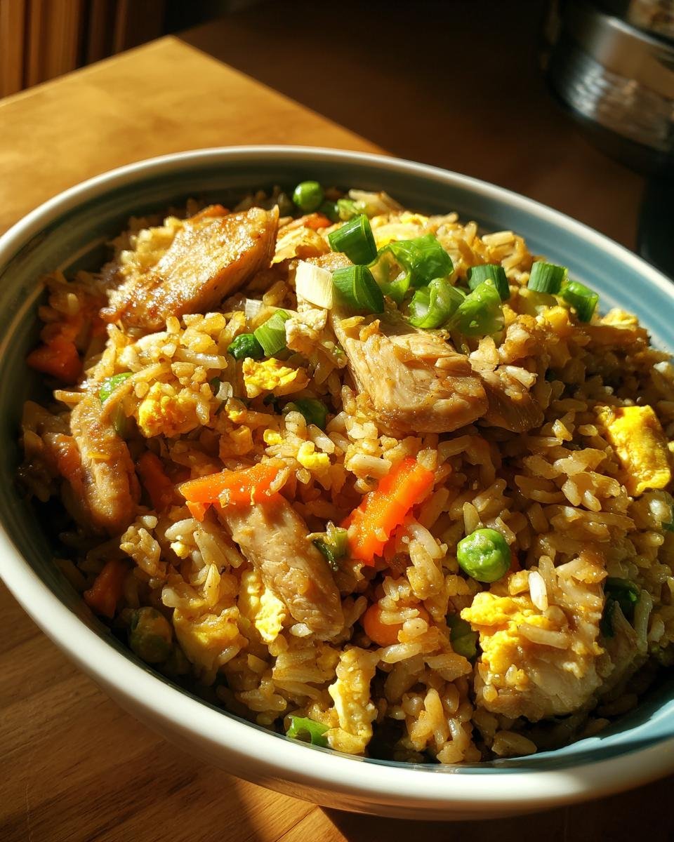 Nahaufnahme von besserem H&auml;hnchenreis mit H&uuml;hnchenst&uuml;cken, Karotten, Erbsen und Fr&uuml;hlingszwiebeln.