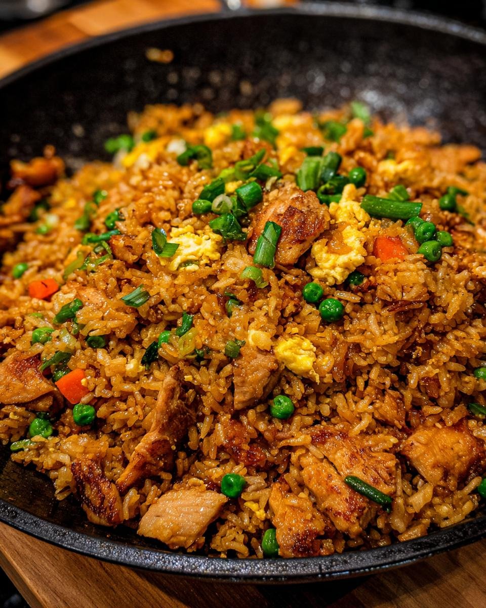 Nahaufnahme von besserem H&auml;hnchenreis mit H&uuml;hnerst&uuml;cken, Erbsen, Karotten und Fr&uuml;hlingszwiebeln in einer Pfanne.